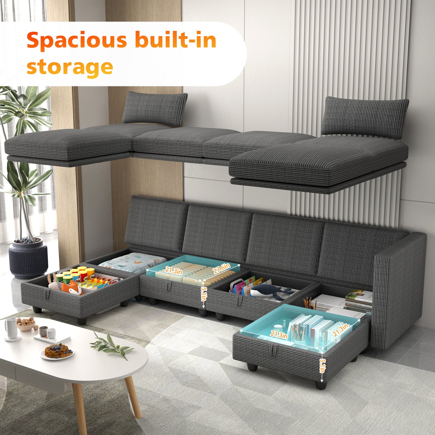 Eunon Modular Sectional Couch with Storage U Shape Chenille Sectional Couch With Reversible Adjustable Ergonomic Chaises , Gray