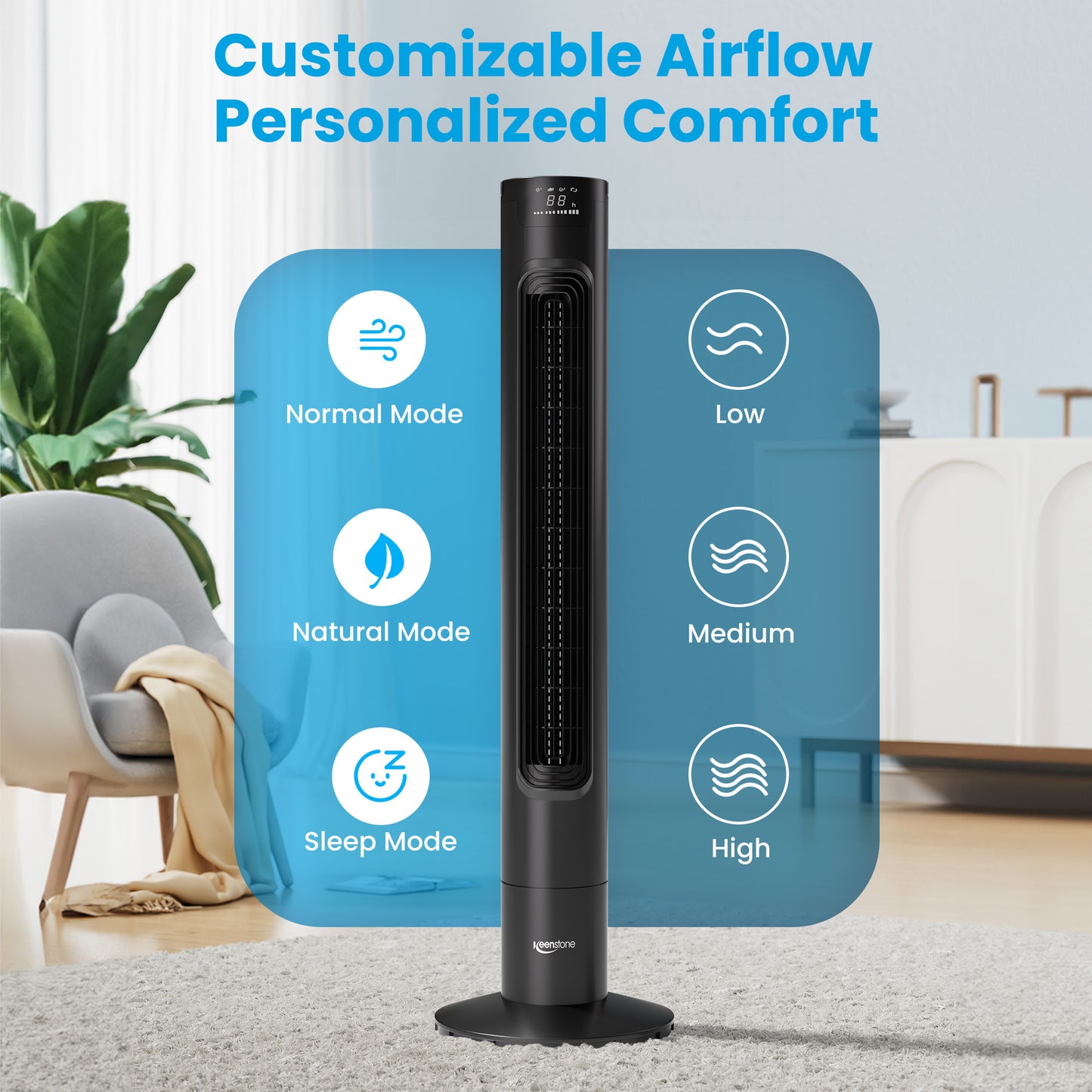 Keenstone Tower Fan for Bedroom, 38 Inch Bladeless Fan, 75° Oscillating Fan, Quiet Floor Fan with Remote, LED Display, 3 Speeds 3 Modes, 7.5H Timer, Standing Fans for Home Living Room Office - Black