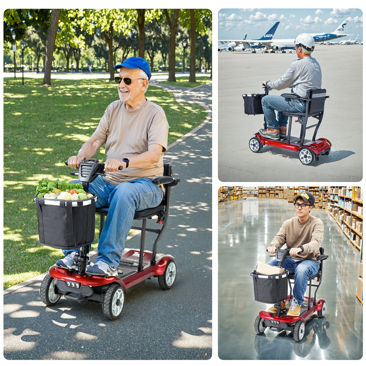 SACVON Foldable 4 Wheels Mobility Scooter for Seniors, Aluminum Frame, Lithium Battery, Suitable for Travel, 300 lbs, Red