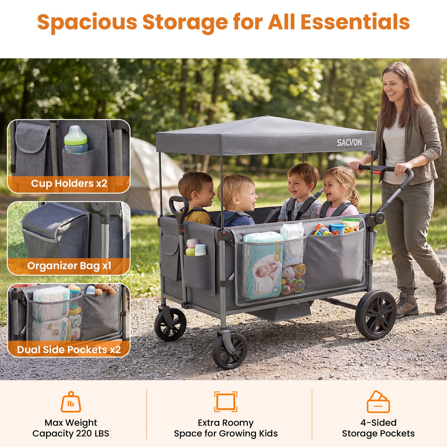 SACVON Stroller Wagon for 4 Kids with 5-Point Harnesses,Detachable Seats Stroller Wagon 4 Seater for Garden,Removable Canopy,Adjustable Handles,Camping Trips,Gray