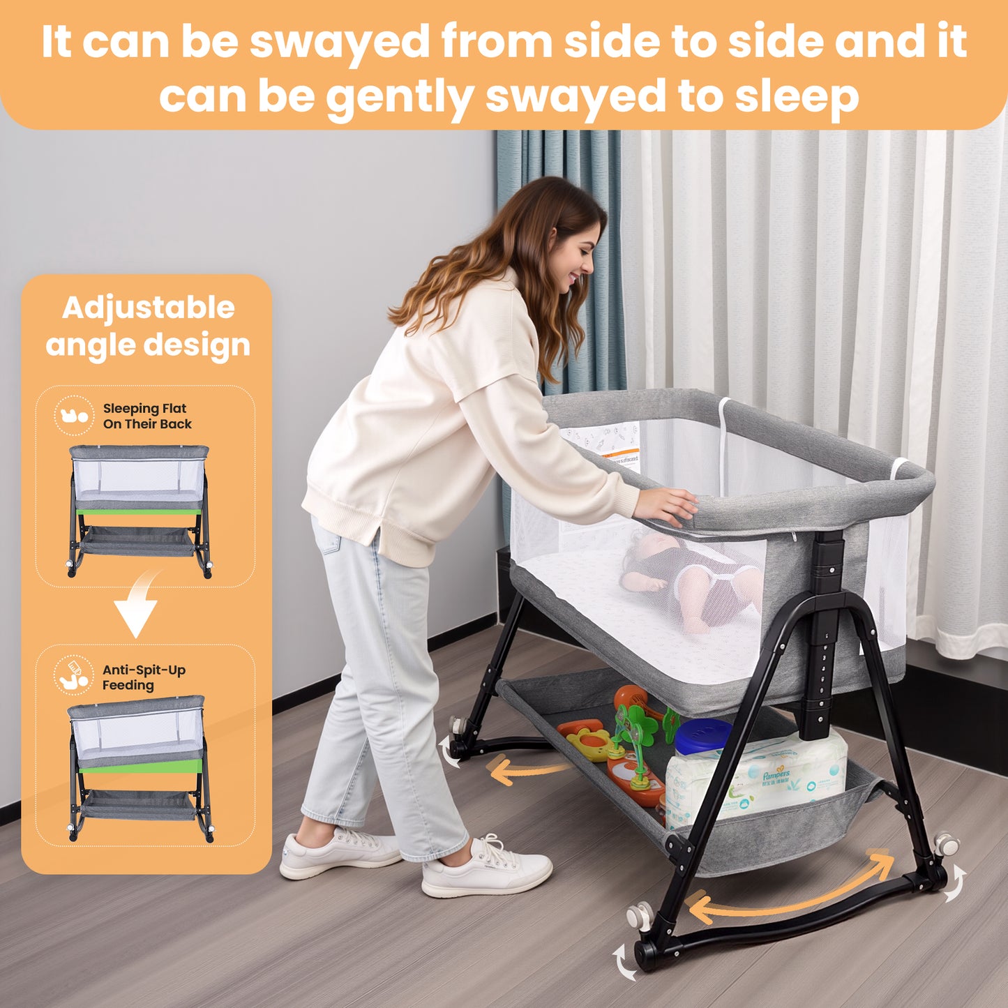 SACVON Baby Bassinet, Beside Sleeper for Baby, Bedside Bassinet with Storage Basket and Wheels to Reduce Mom's Fatigue, Gray
