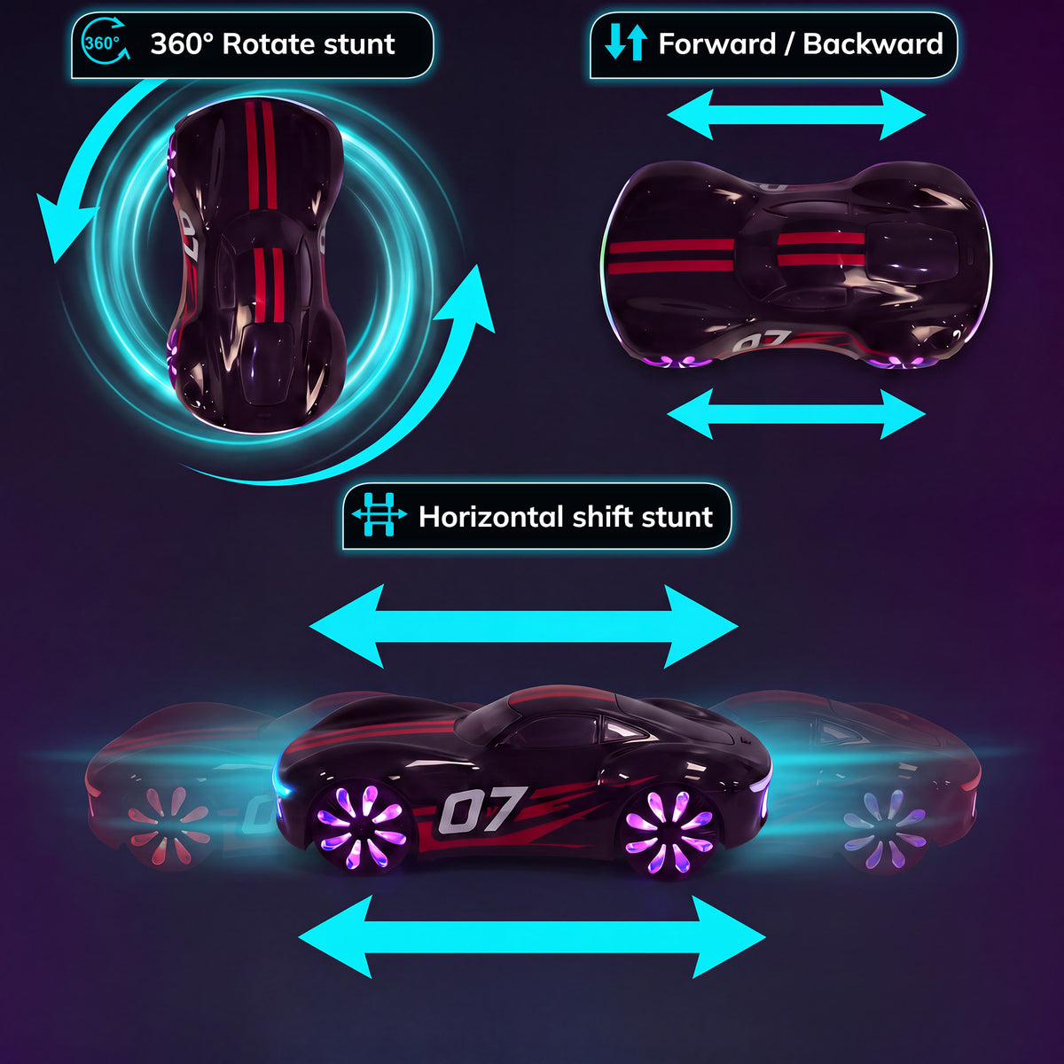 Vecukty RC Drift Stunt Car, 2.4G Remote Control Racing Car with Dual Mist Effect, LED Light Wheels, 360 Spinning & EV Charging Station