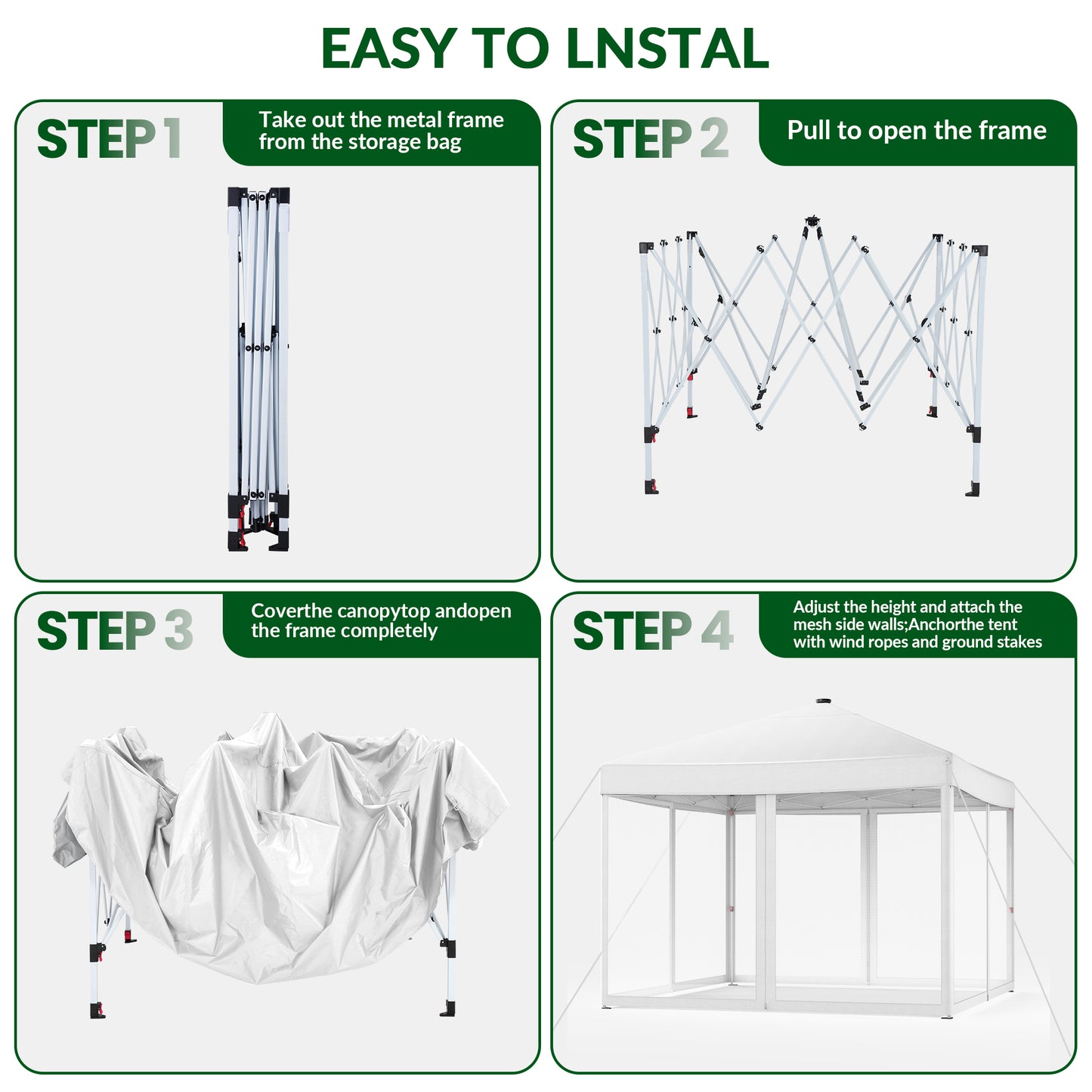 Vecukty 10x10ft Pop Up Canopy Tent with Removable Mesh Mosquito Sidewalls, Remote-Controlled 8-Color LED Lights ,Instant Outdoor Shelter Gazebo Tent, White