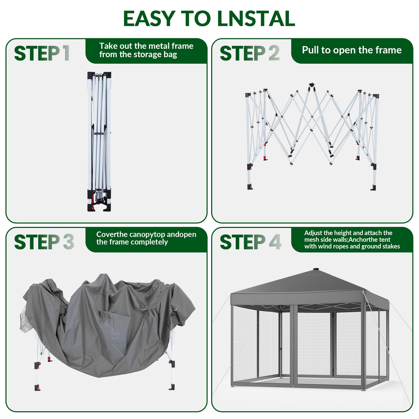 Vecukty 10x10ft Pop Up Canopy Tent with Removable Mesh Mosquito Sidewalls, Remote-Controlled 8-Color LED Lights ,Instant Outdoor Shelter Gazebo Tent,Gray