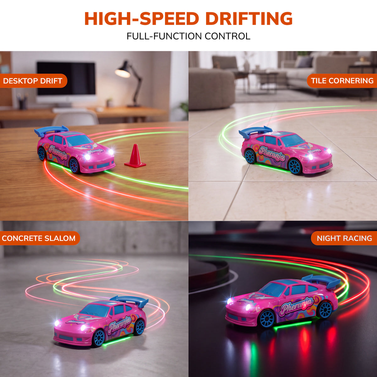 Vecukty 1:64 Pink Mini RC Drift Race Car, Heart Wing Graffiti with Blue Spoiler Remote Control Vehicle