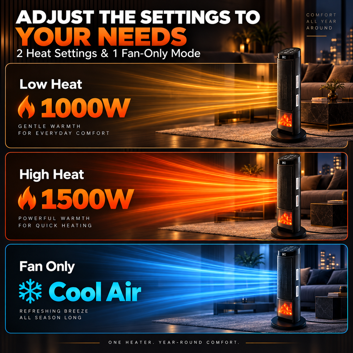 Vecukty Tower Space Heater with 3D Flame, 1500W Portable Electric Heater with Remote Control, Thermostat, 12H Timer for Home Office