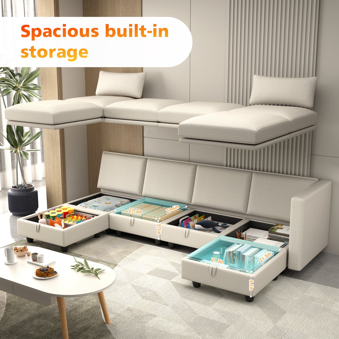 Eunon Modular Sectional Couch with Storage U Shape Chenille Sectional Couch With Reversible Adjustable Ergonomic Chaises,Beige