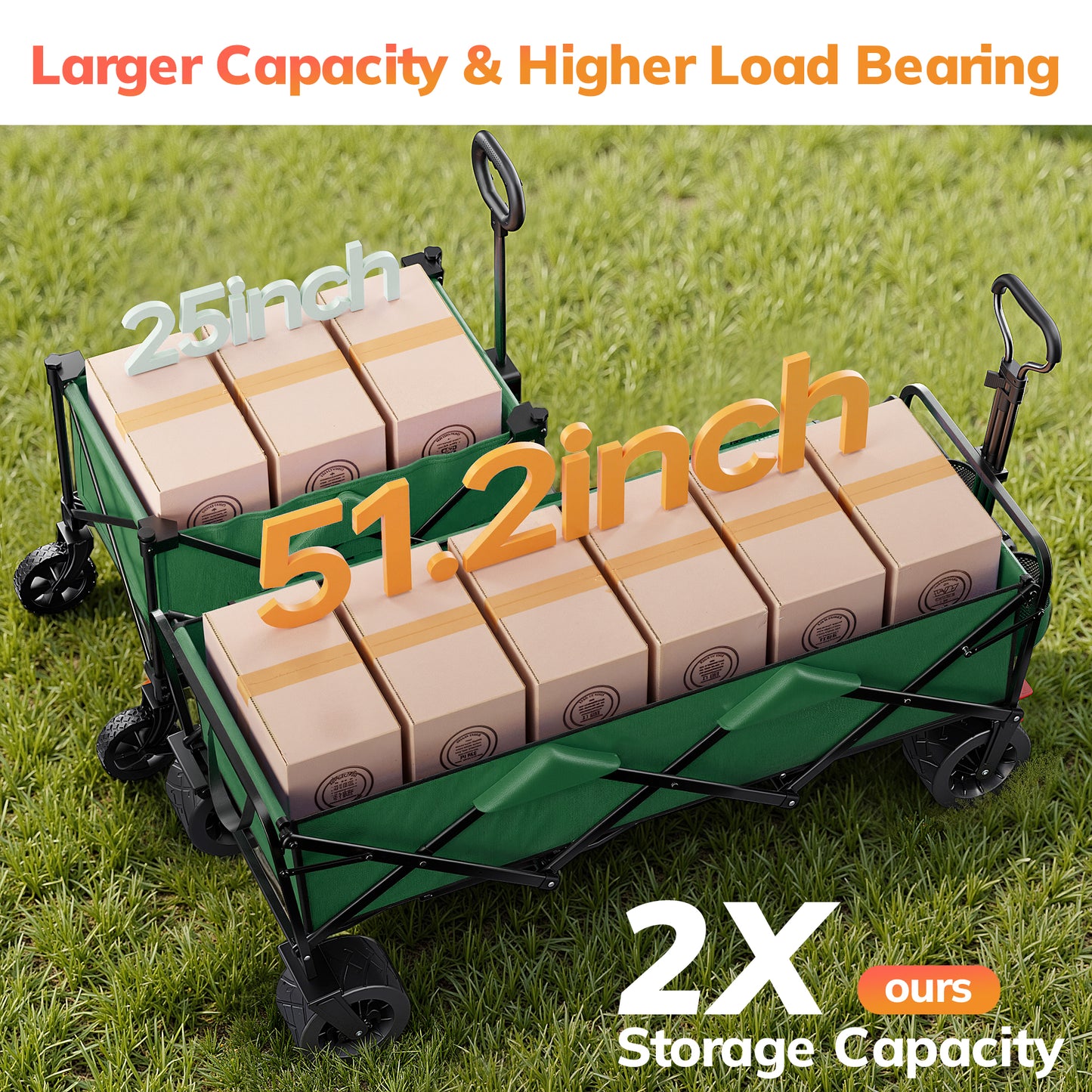 Vecukty 51.2" Large Collapsible Folding Wagon Cart, 560 lbs Load Capacity, Heavy-Duty Steel Frame & Oversized Wheels for Grocery Shopping, Camping, Sports, Moving –Green
