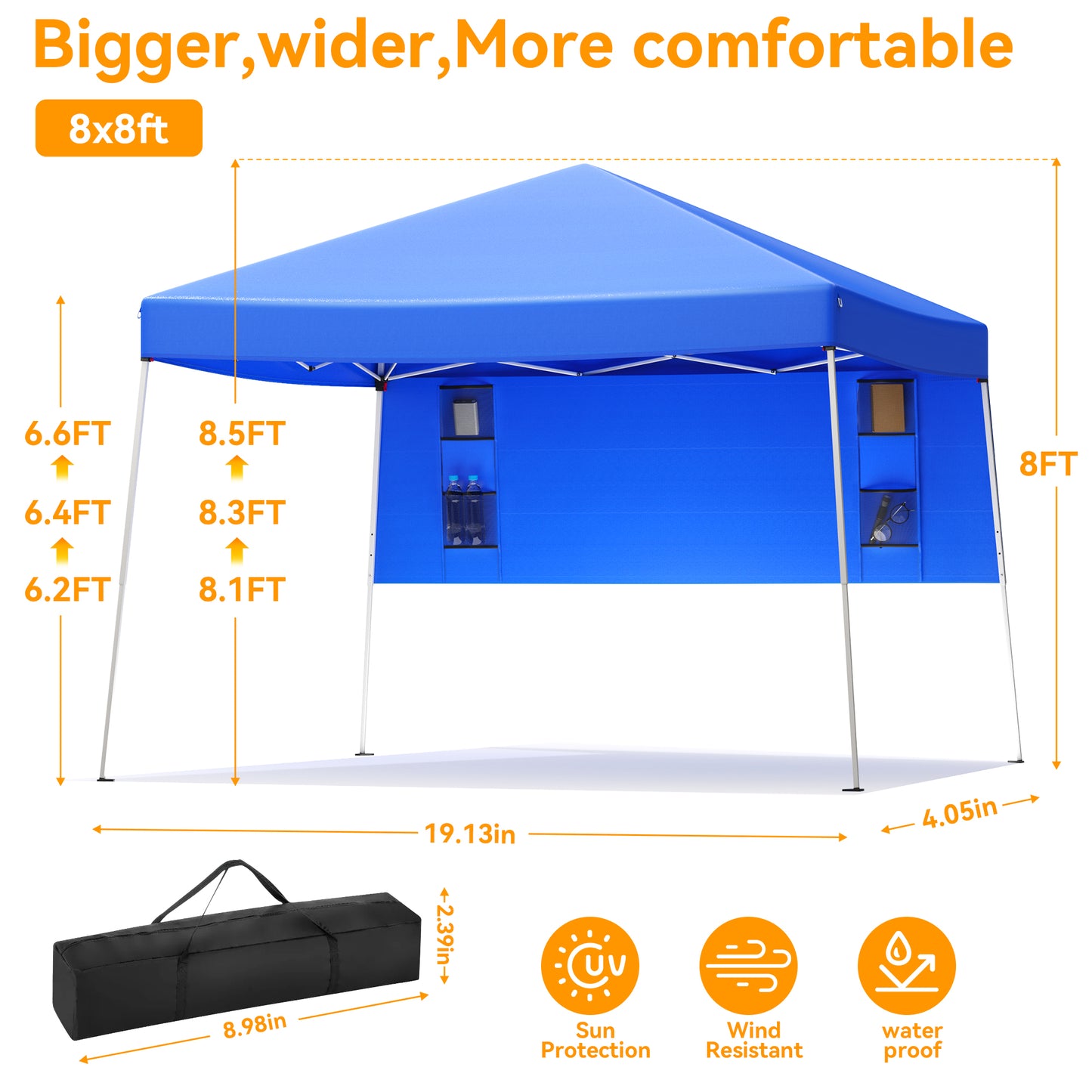 Vecukty 8ft x 8ft Top/10ft x 10ft Base Pop up Canopy Tent With Four Storage Bags For Garden,Beach Instant Tent Carry Bag,Blue