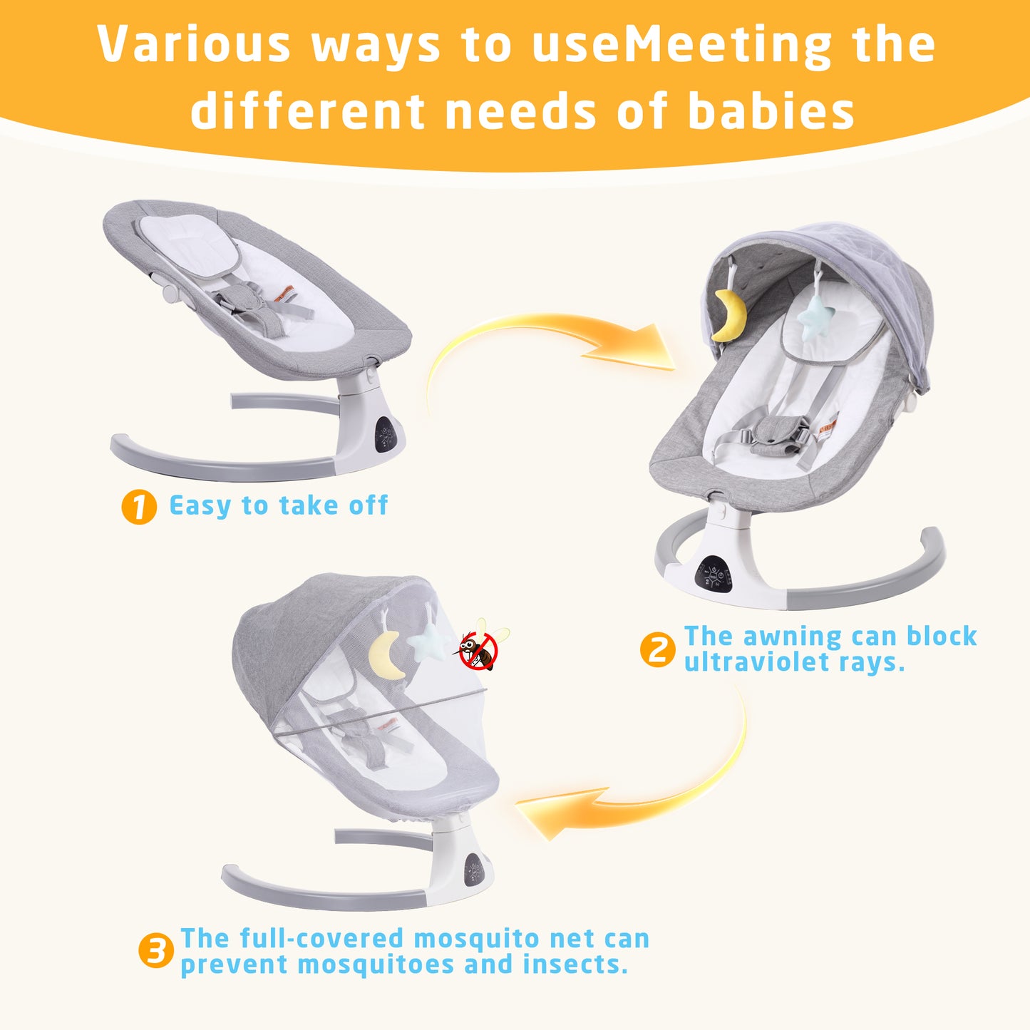 SACVON Baby Swing with Bluetooth Music & Remote, 5-Speed Portable Rocker for Indoor Outdoor Use, Gray