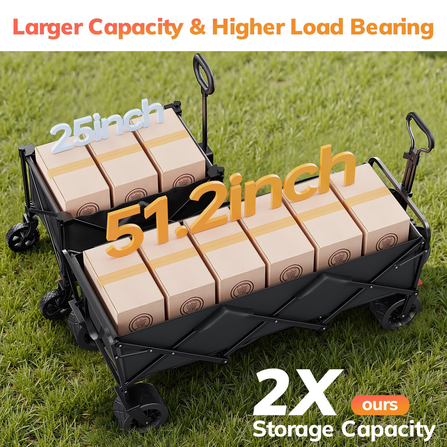 Vecukty 51.2" Large Collapsible Folding Wagon Cart, 560 lbs Load Capacity, Heavy-Duty Steel Frame & Oversized Wheels for Grocery Shopping, Camping, Sports, Moving – Black