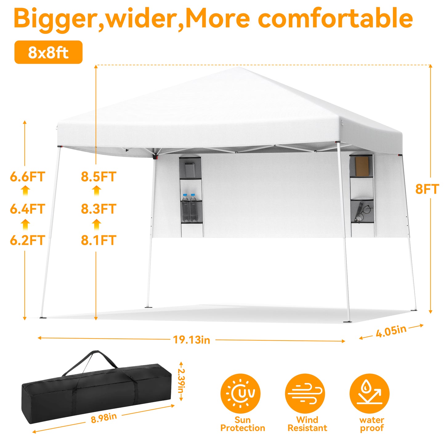Vecukty 8ft x 8ft Top/10ft x 10ft Base Pop up Canopy Tent With Four Storage Bags For Garden,Beach Instant Tent Carry Bag,White