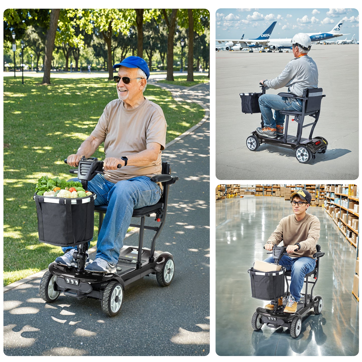 SACVON Foldable 4 Wheels Mobility Scooter for Seniors, Aluminum Frame, Lithium Battery, Suitable for Travel, 300 lbs, Black