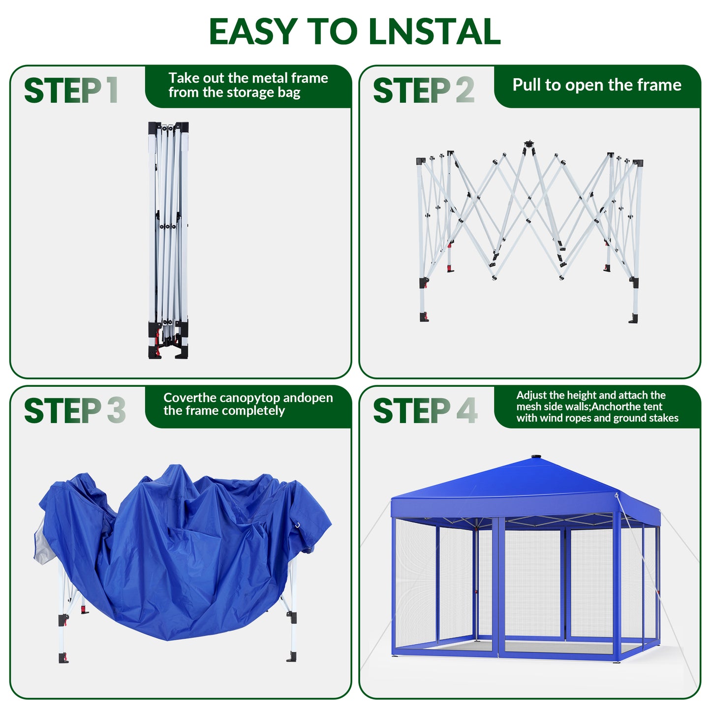 Vecukty 10x10ft Pop Up Canopy Tent with Removable Mesh Mosquito Sidewalls, Remote-Controlled 8-Color LED Lights ,Instant Outdoor Shelter Gazebo Tent,Blue