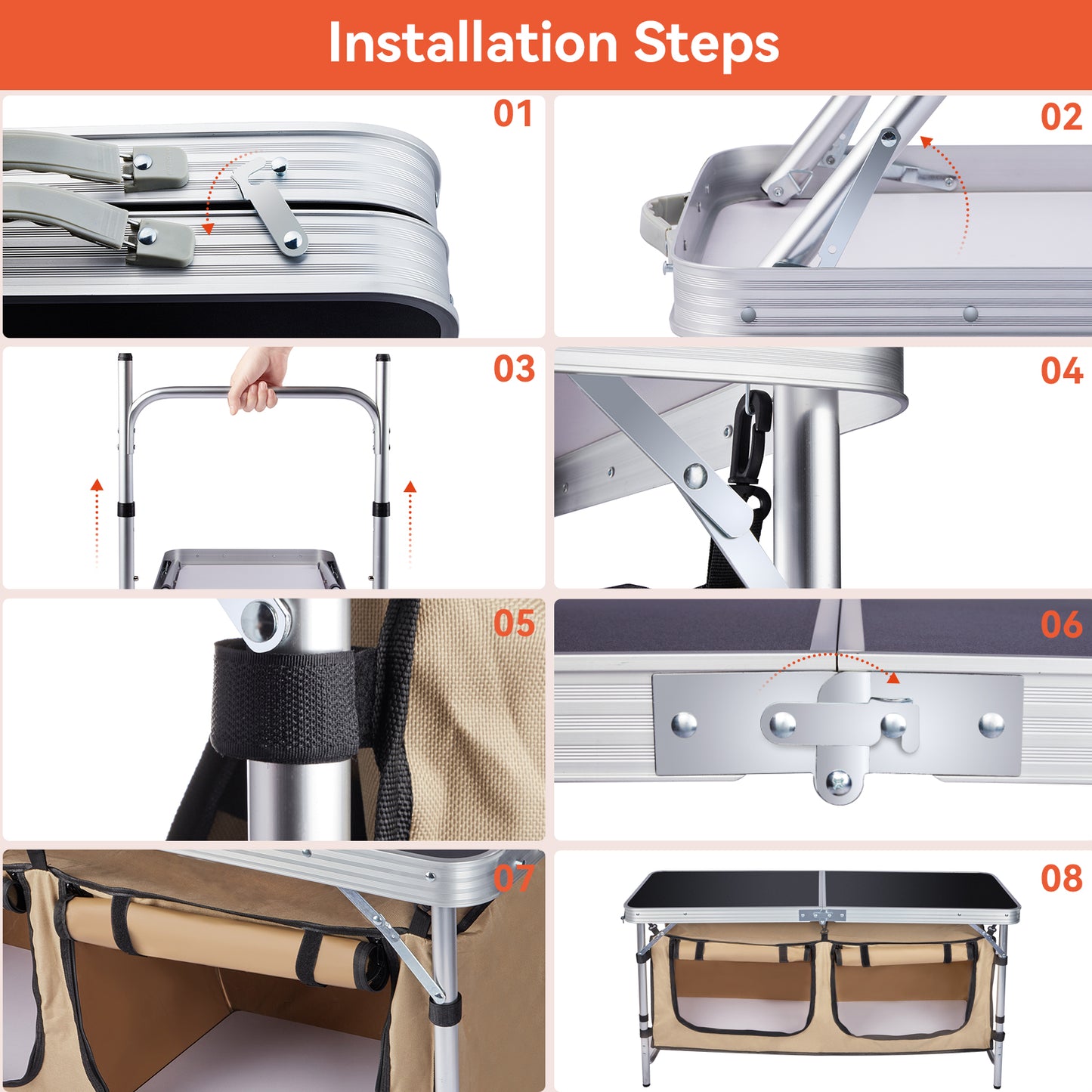 Vecukty Portable Camping Table Set - Aluminum Kitchen Station w/ Storage, Adjustable Feet & Trash Can, brown