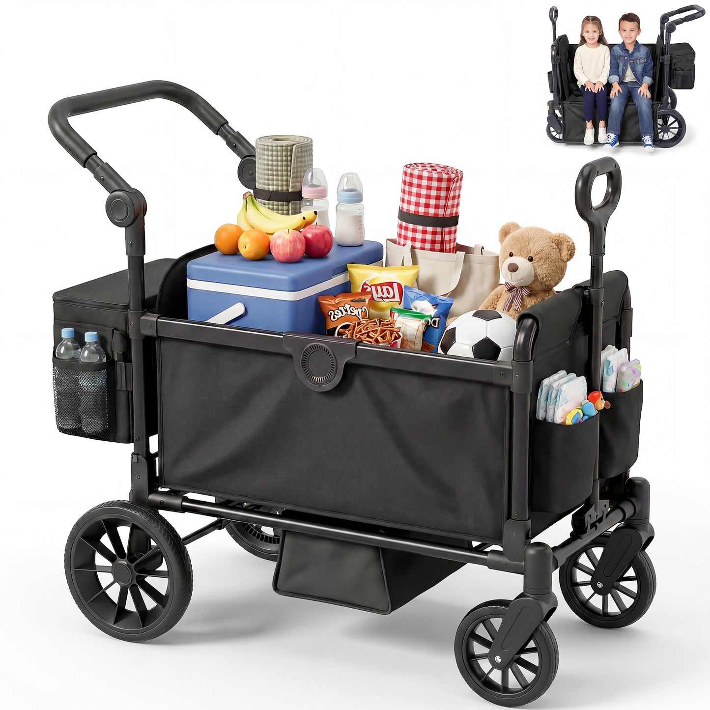 SACVON 2-Seater Stroller Wagon with Side Entry, Canopy & Snack Tray, Includes Removable Storage Bag That Converts to a Backpack-Black