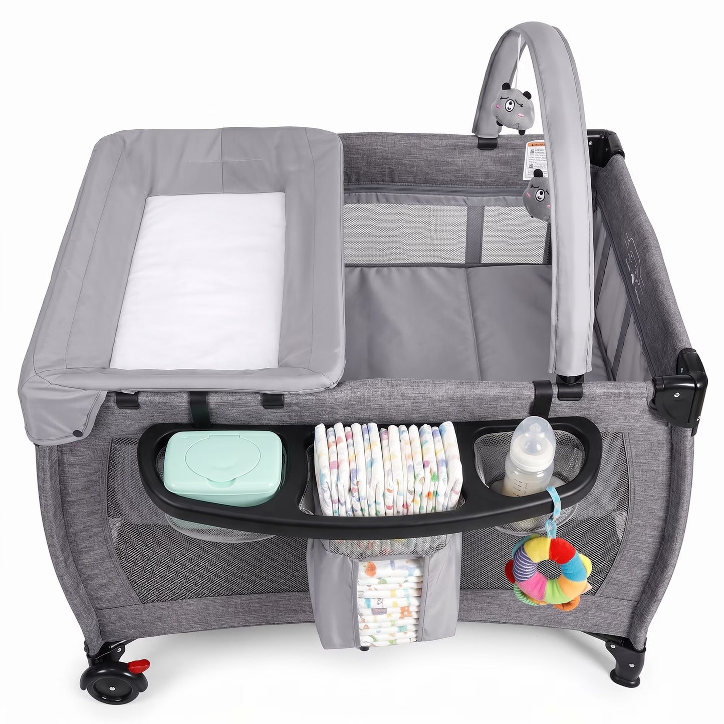 SACVON Baby Playard with Detachable Infant Bassinet and Changing Table, Foldable Travel Play Yard with Storage Basket and Wheels, Gray