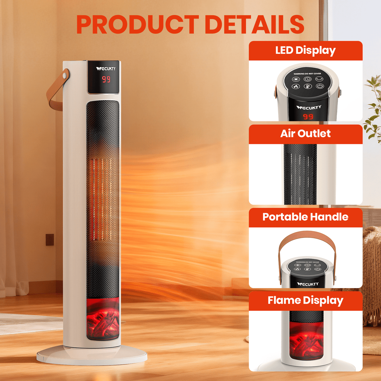 VECUKTY 26" Tower Space Heater with 3D Flame, 1500W Portable Electric Tower Electric Heater, 60 °Oscillation, 9H Timer,Remote Control for Indoor Bedroom Office Home