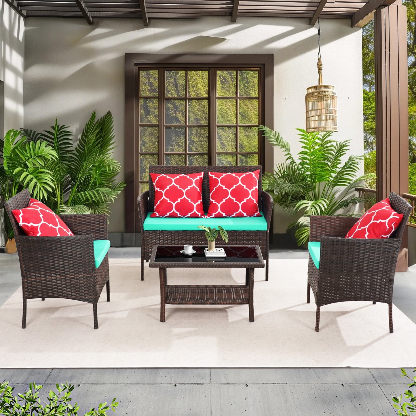 Brefac 4 PCS Patio Furniture Set with Throw Pillows Upholstered Sofa Table for Patio Backyard,Turquoise