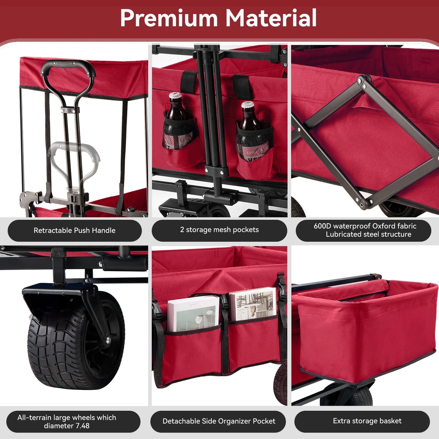 VECUKTY Collapsible Garden Wagon Cart with Removable Canopy Red