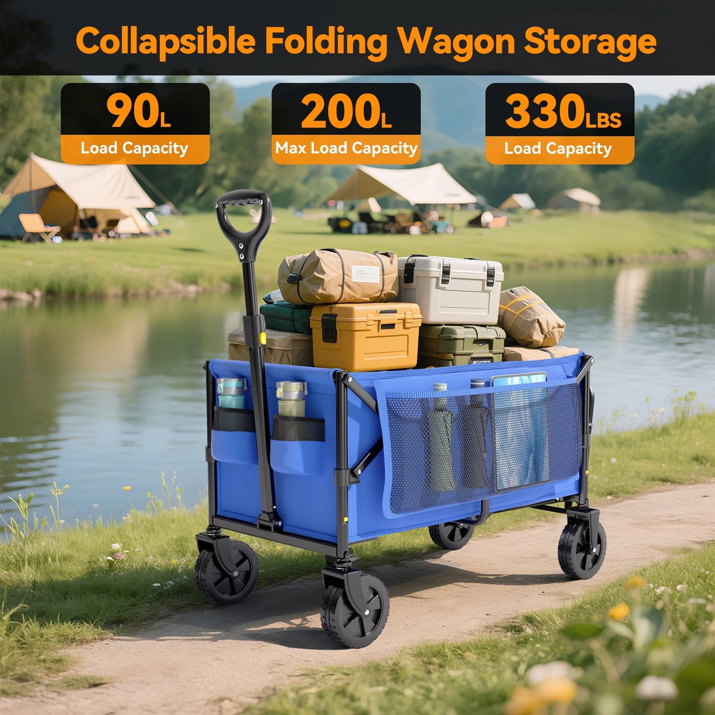 Vecukty Collapsible Folding Wagon,Portable Utility Wagon Cart for Outdoor Camping, Shopping, Sports, Grocery, Kids, Blue