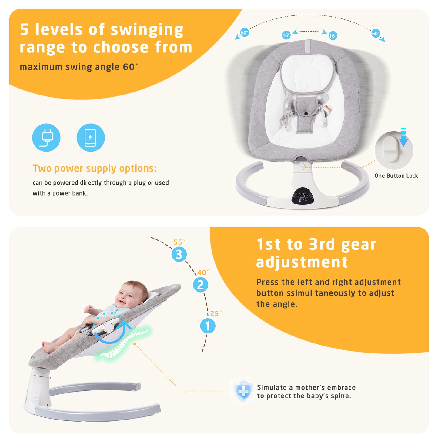 SACVON Baby Swing with Bluetooth Music & Remote, 5-Speed Portable Rocker for Indoor Outdoor Use, Gray