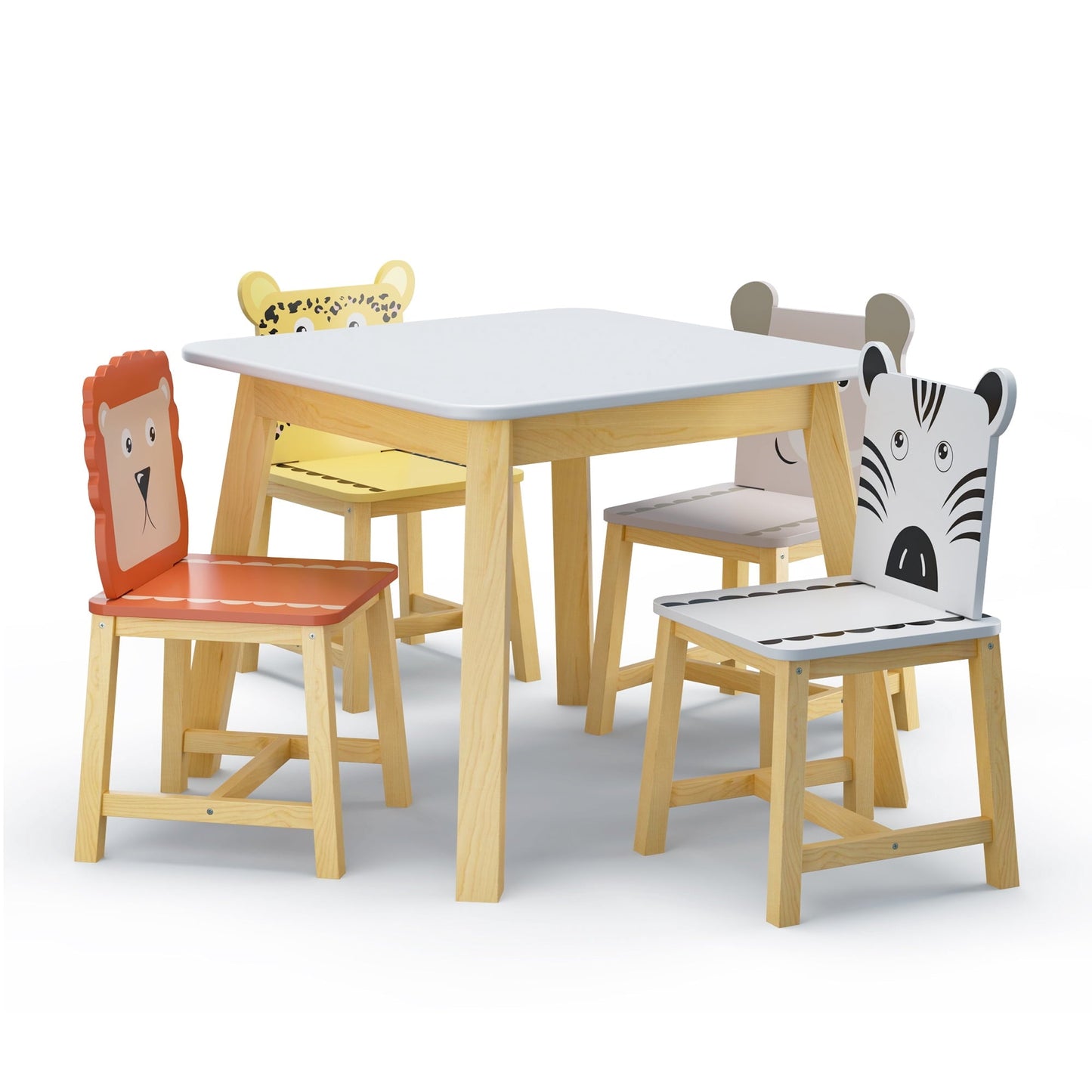 TCISA 5-Piece Kids' Wood Table Set with 4 Chairs - Cartoon Animal Design for Ages 3-8