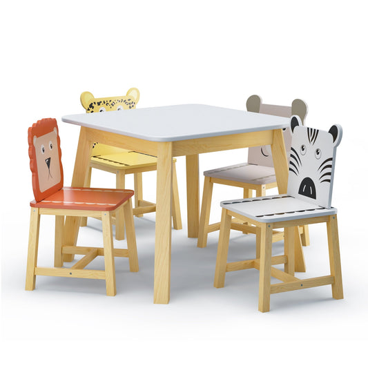 TCISA 5-Piece Kids' Wood Table Set with 4 Chairs - Cartoon Animal Design for Ages 3-8