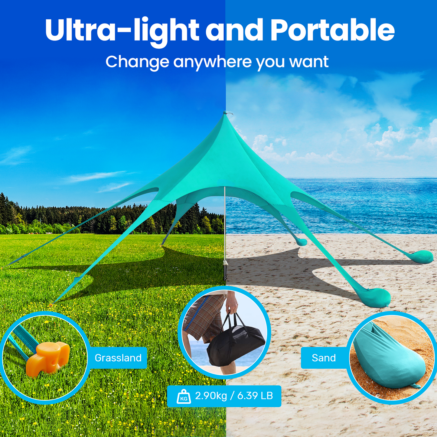 Beach Canopy Tent Sun Shade, VECUKTY 12x12 FT Beach Tent Sun Shelter UPF 50+ UV Protection with Sandbags , 1 Stability Poles and Ground Pegs and Anti-Wind Ropes,Turquoise