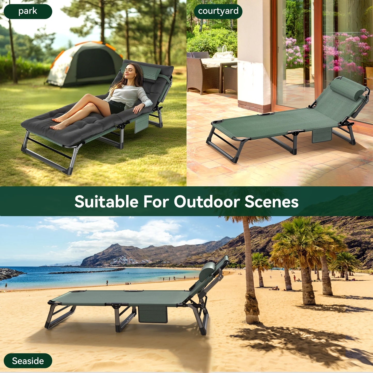 VECUKTY Foldable Camp Cot 500lb Capacity, 4-Position Reclining Lounge Chair with Pillow, Steel Frame & Oxford Fabric for Camping, Travel, Outdoor