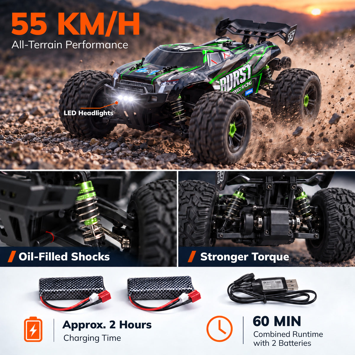 VECUKTY RC Truck 40KM/H High Speed Off-Road Monster Truck 1:14 Scale Waterproof with 2 Batteries LED Lights