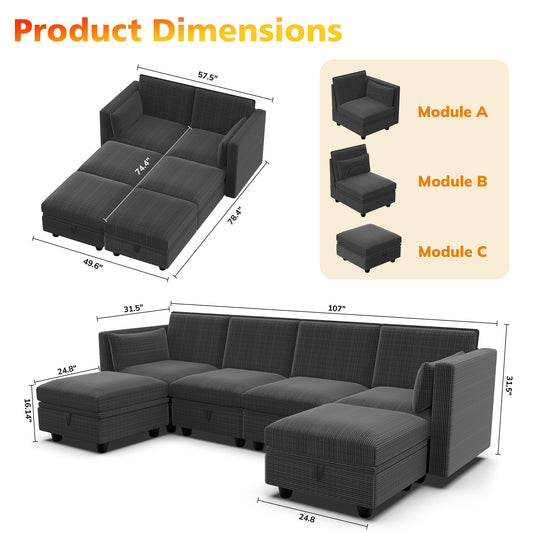 Eunon Modular Sectional Couch with Storage U Shape Chenille Sectional Couch With Reversible Adjustable Ergonomic Chaises , Gray