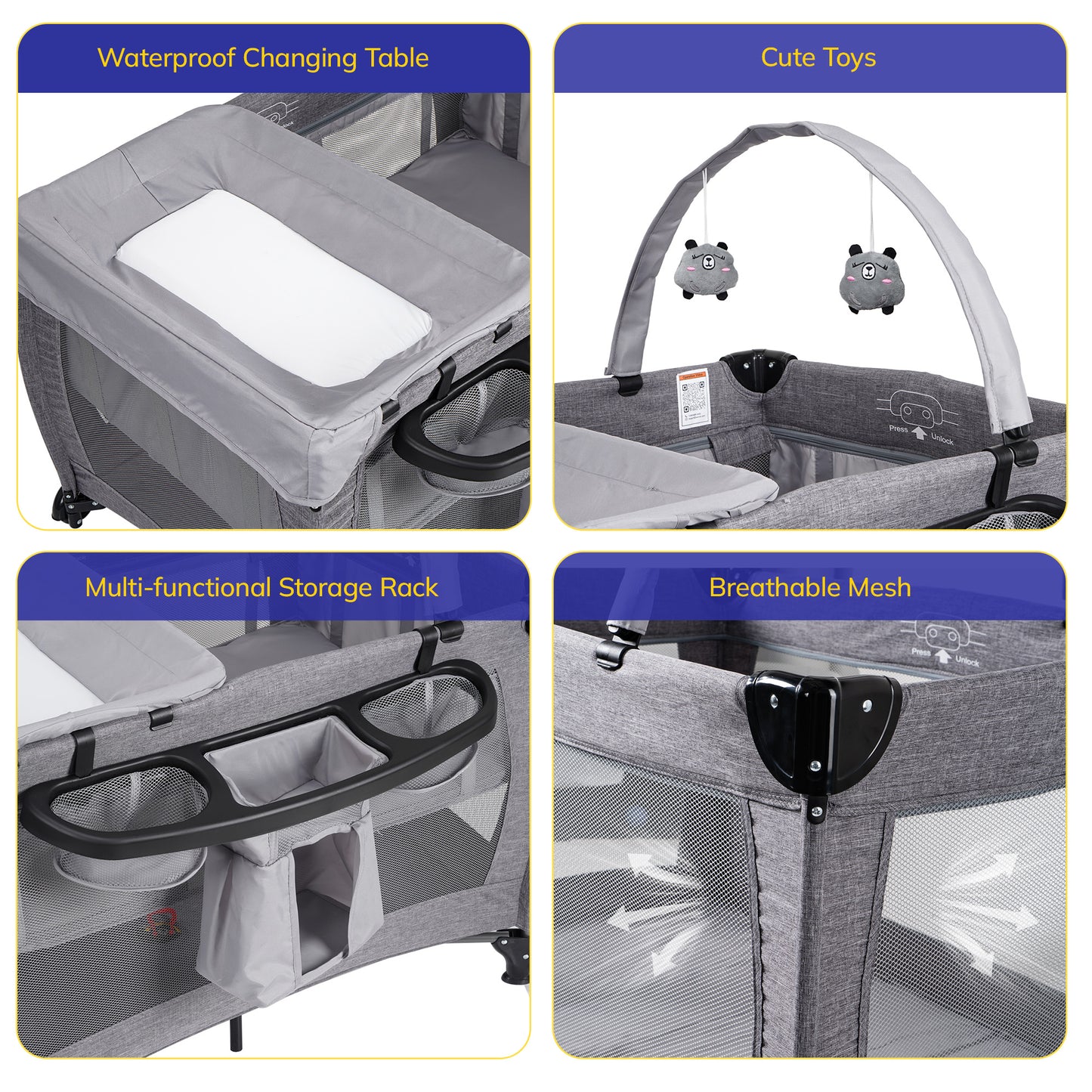 SACVON Portable Baby Playard with Bassinet & Changing Station | Bedside Crib | Removable Storage Organizer | Gray