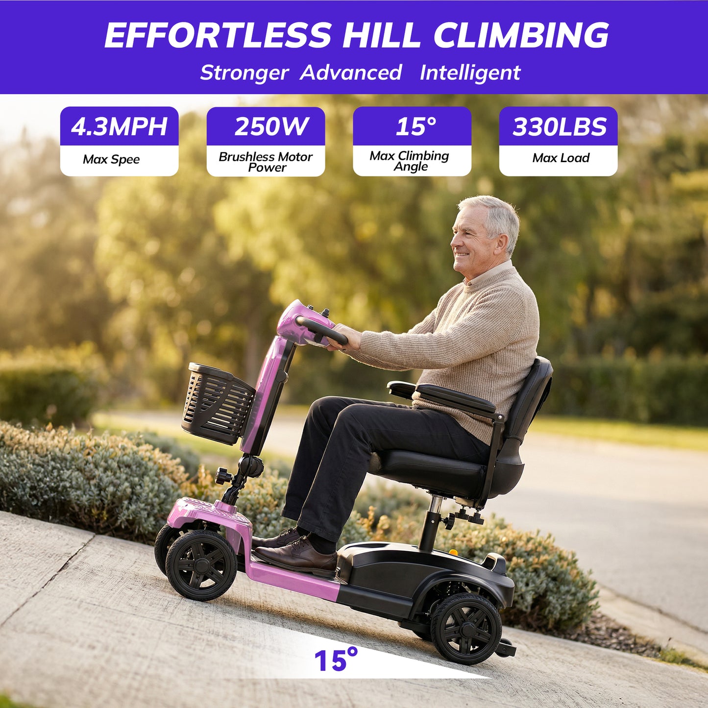 SACVON Mobility Scooter for Adults with 330 lbs Capacity,Foldable Motorized Scooter for Senior,12.5 Miles Travel,Airport Approved,Pink