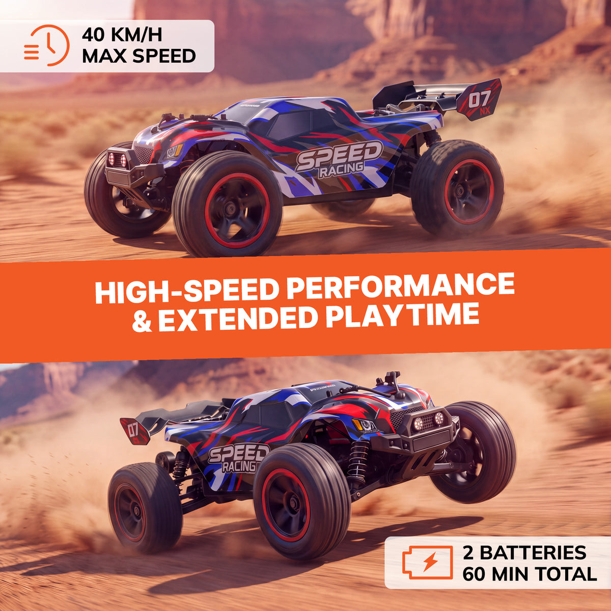 Vecukty 1:14 Scale 4WD RC Off-Road Truck, 40 KM/H High Speed Vehicle, Water Resistant, Dual 7.4V 1500mAh Batteries, 2.4GHz Remote Control with LED Lights