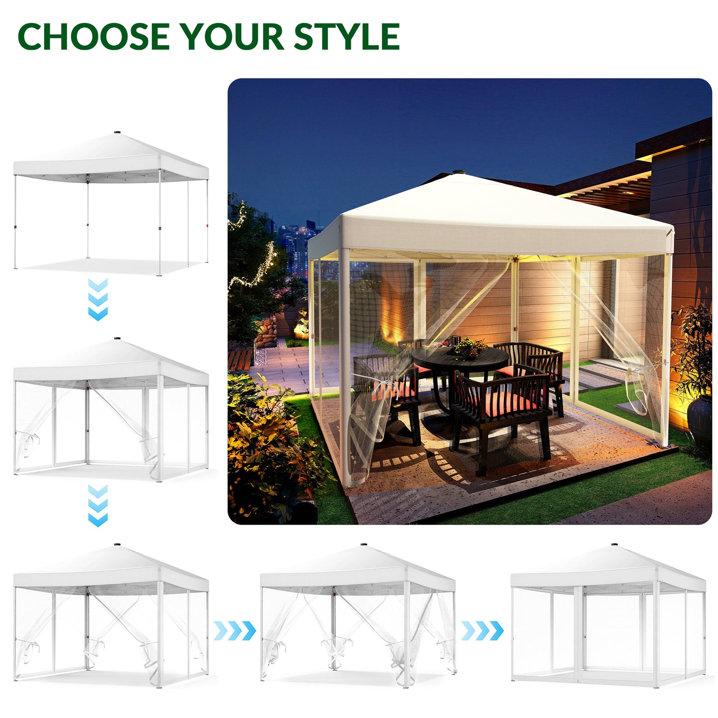 Vecukty 10x10ft Pop Up Canopy Tent with Removable Mesh Mosquito Sidewalls, Remote-Controlled 8-Color LED Lights ,Instant Outdoor Shelter Gazebo Tent, White