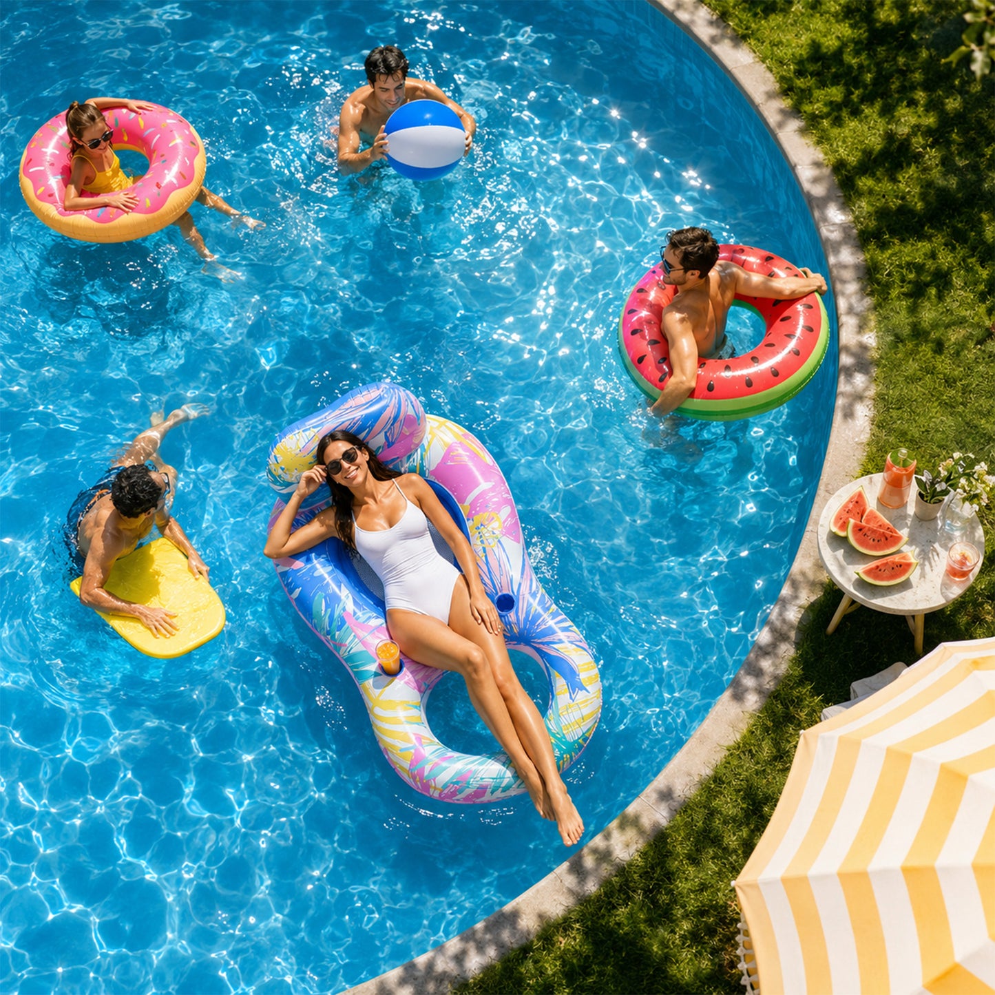 Vecukty Pink Blue Tropical Inflatable Swim Ring Pool Float, Mesh Recliner Lounge with Headrest & Cup Holders for Adults Teens,Swimming Pool Beach Floatie,Unisex