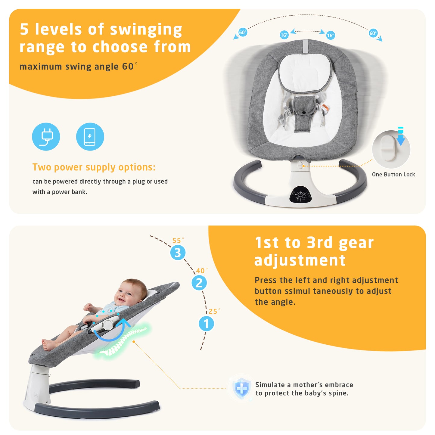 SACVON Baby Swing with Bluetooth Music & Remote, 5-Speed Portable for 0-6 Month Indoor Outdoor Use,Dark Gray