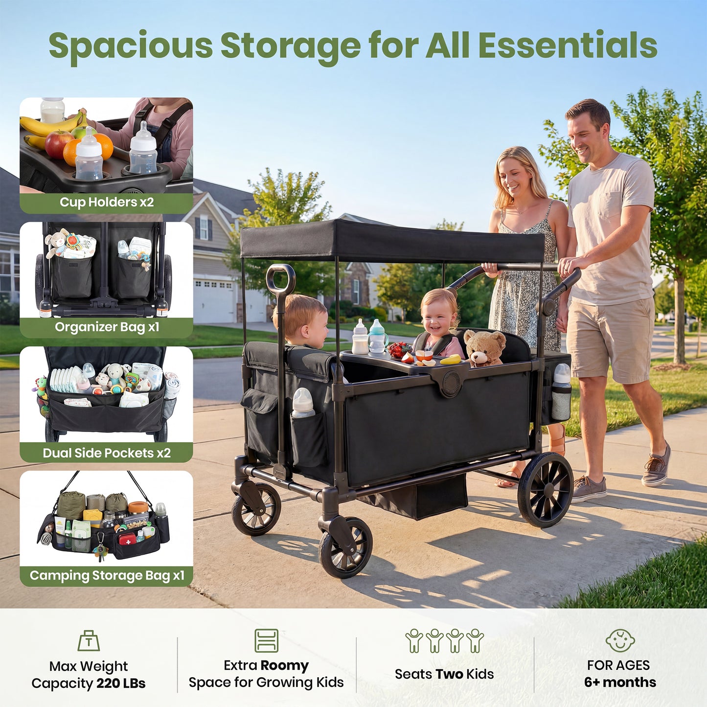 SACVON 2-Seater Stroller Wagon with Side Entry, Canopy & Snack Tray, Includes Removable Storage Bag That Converts to a Backpack-Black