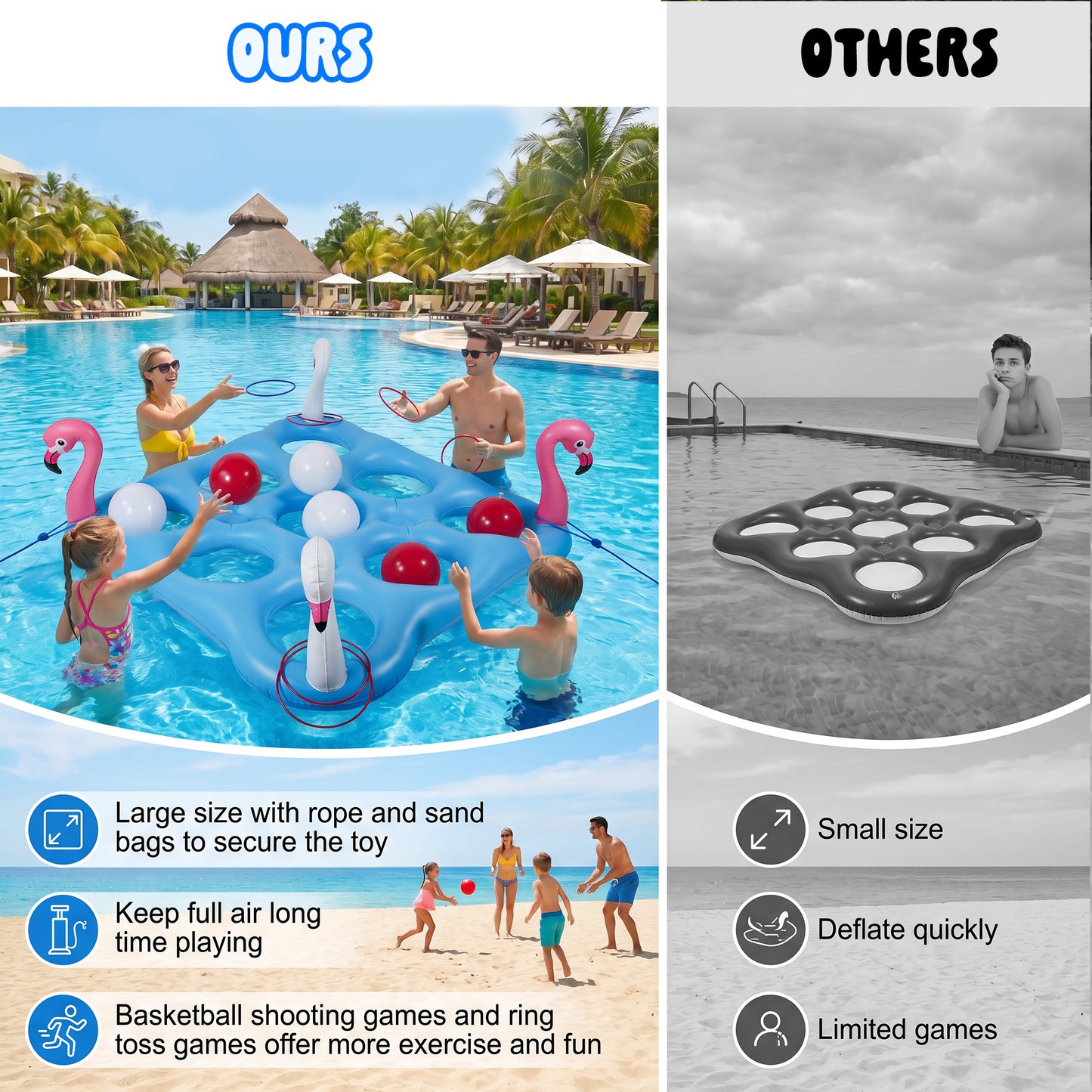 Vecukty 55.2in x 55.2in Flamingo Inflatable Pool Float Tic-Tac-Toe Game Set with 10 Balls & 4 Rings for Pool Beach Party Water Games, Unisex