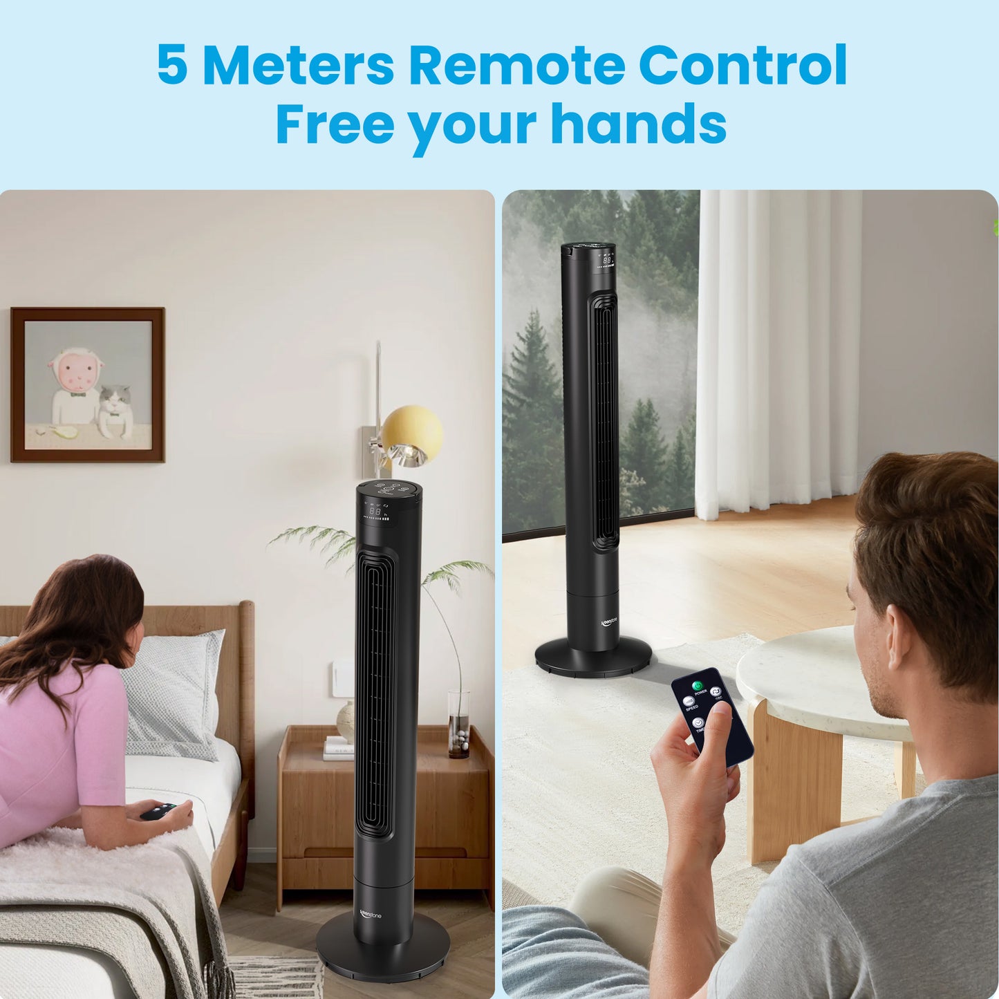 Keenstone Tower Fan for Bedroom, 38 Inch Bladeless Fan, 75° Oscillating Fan, Quiet Floor Fan with Remote, LED Display, 3 Speeds 3 Modes, 7.5H Timer, Standing Fans for Home Living Room Office - Black