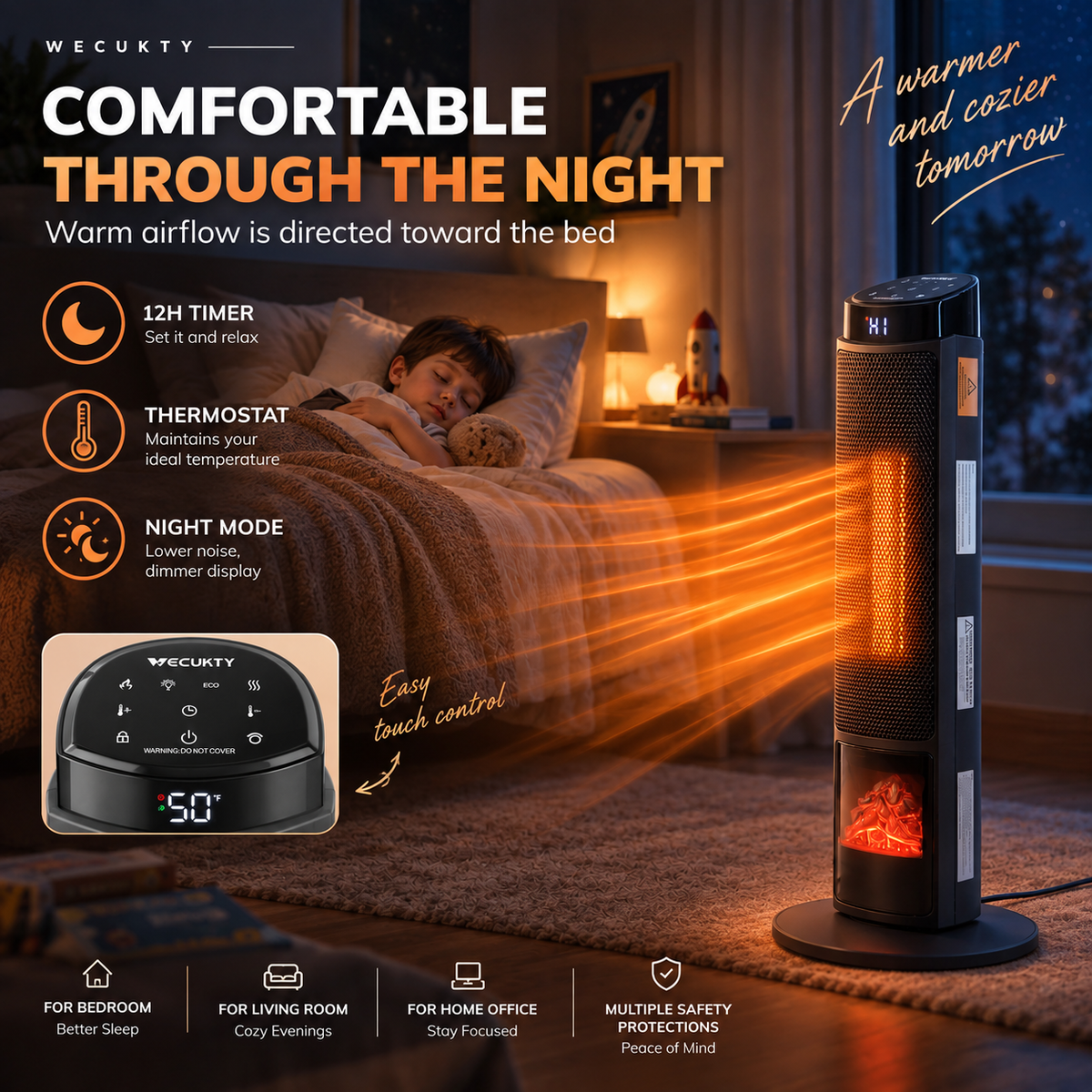 Vecukty Tower Space Heater with 3D Flame, 1500W Portable Electric Heater with Remote Control, Thermostat, 12H Timer for Home Office