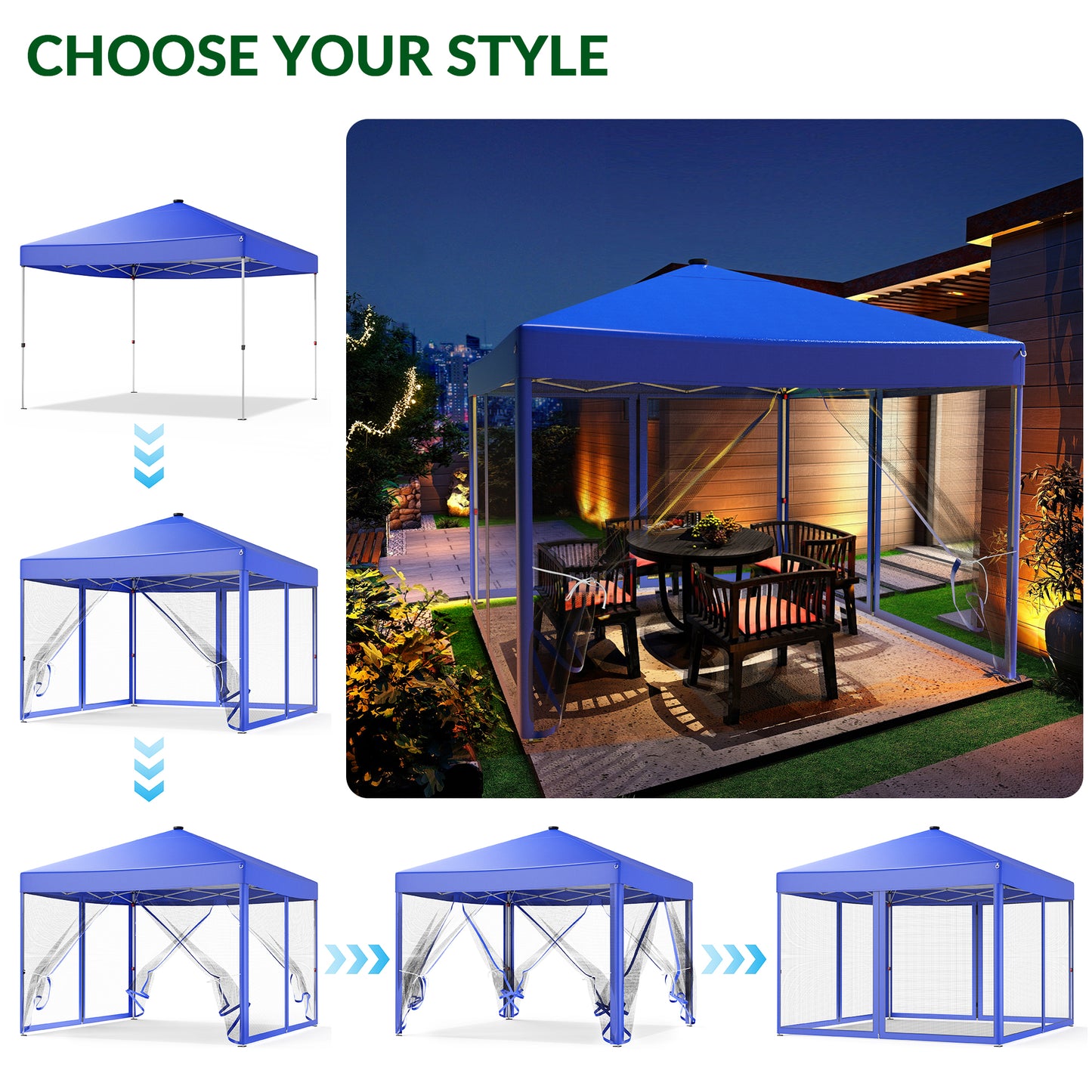 Vecukty 10x10ft Pop Up Canopy Tent with Removable Mesh Mosquito Sidewalls, Remote-Controlled 8-Color LED Lights ,Instant Outdoor Shelter Gazebo Tent,Blue