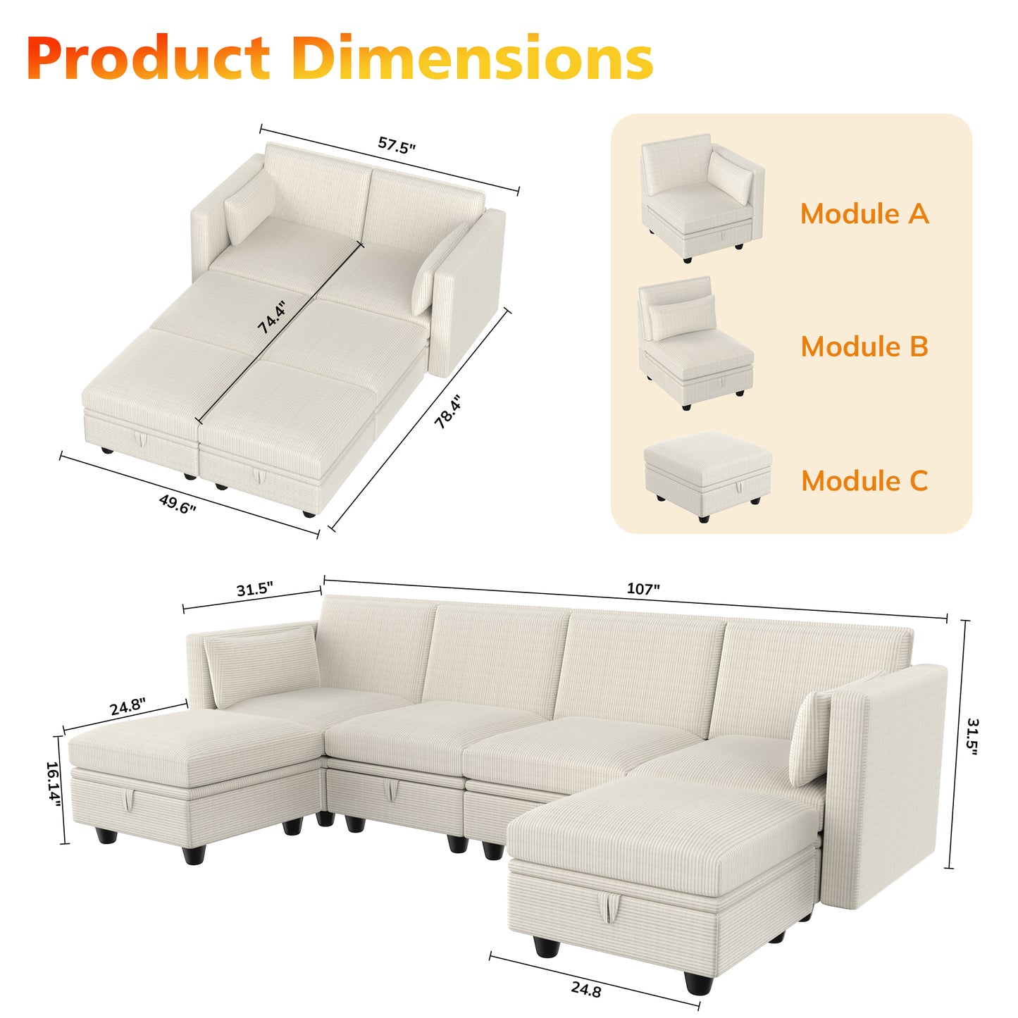 Eunon Modular Sectional Couch with Storage U Shape Chenille Sectional Couch With Reversible Adjustable Ergonomic Chaises,Beige