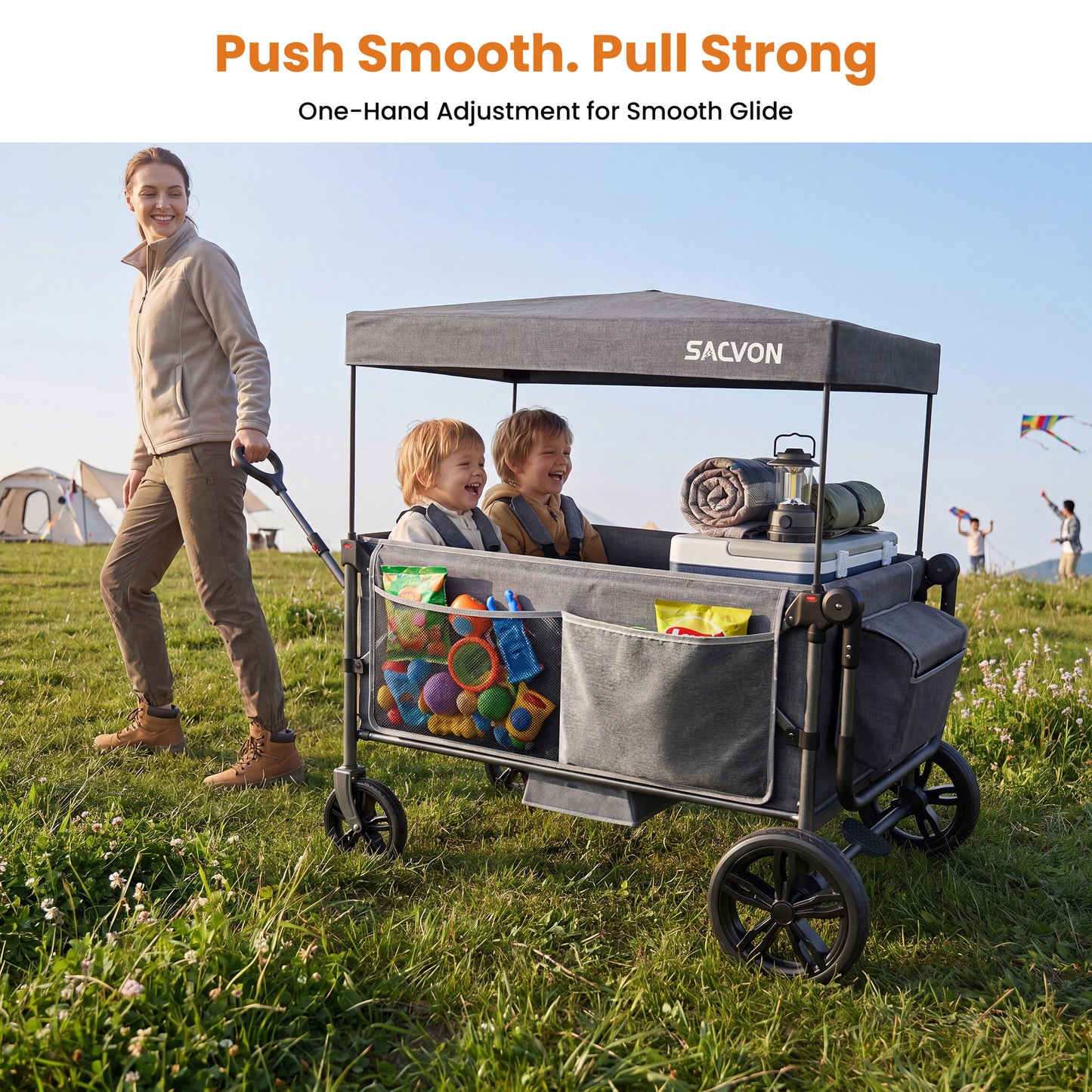SACVON Stroller Wagon for 4 Kids with 5-Point Harnesses,Detachable Seats Stroller Wagon 4 Seater for Garden,Removable Canopy,Adjustable Handles,Camping Trips,Gray