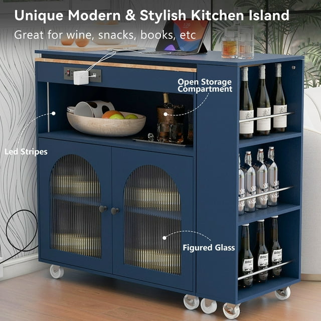 TCISA Rolling Kitchen Island Cart Extendable Table With Fluted Glass Doors, LED Lights & Power Outlets,Navy Blue