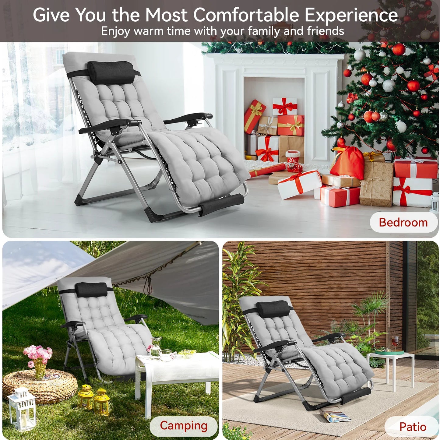 VECUKTY XL Oversize Zero Gravity Chair - 500lb Capacity, 29-Inch Wide Padded Seat, Folding Travel Recliner for Outdoor / Indoor Use - Patio, Lawn,Grey,Portable and Heavy Duty