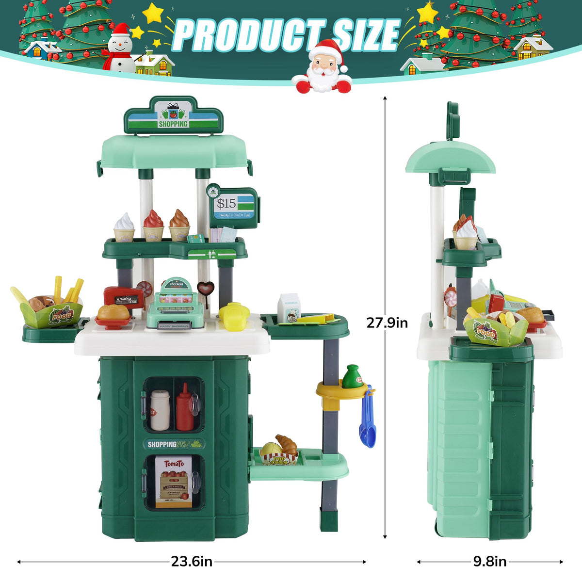 Vecukty 38Pcs Pretend Play Supermarket Set for Kids, Toy Shopping Cart with Food Accessories, Cash Register Role Play Kit, Gift for Girls Boys
