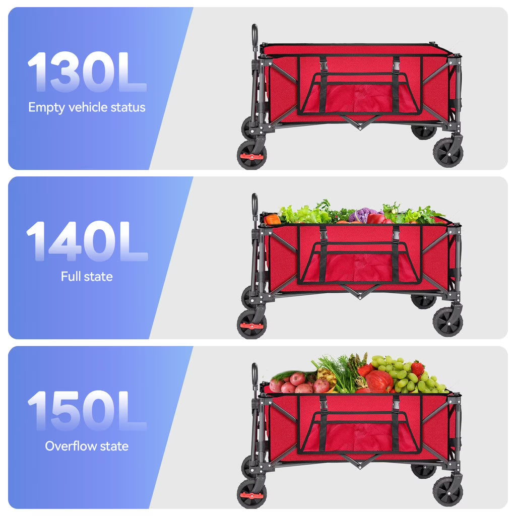 Gathered Collapsible Mini Camping Wagon, Vecukty Portable Foldable Cart, Heavy Duty Folding Utility Grocery Wagon with 150lbs, for Shopping,Sports,Fishing,Beach,Garden,Red