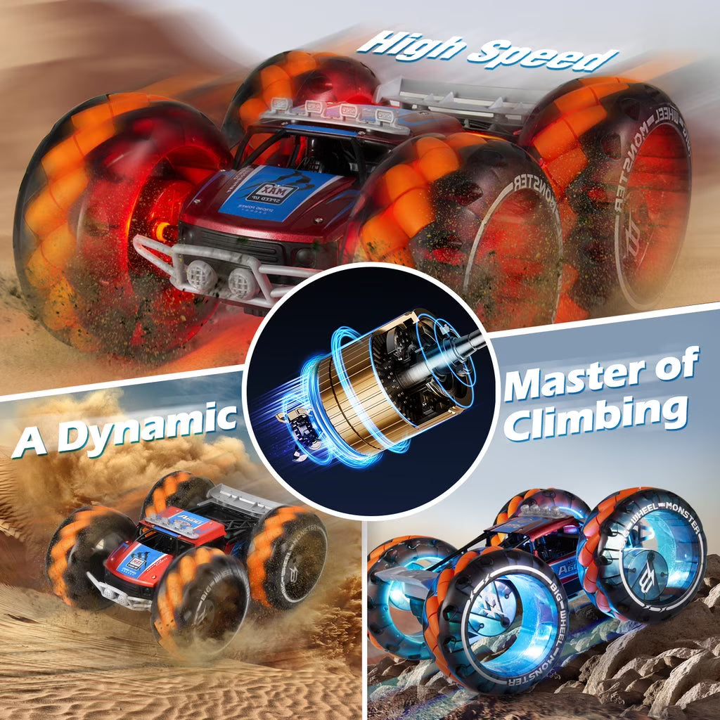 Vecukty 08 Red and Orange RC Stunt Car, 4-Wheel Remote Control Off-Road Toy Car with Lights, Music and 360 Rotation